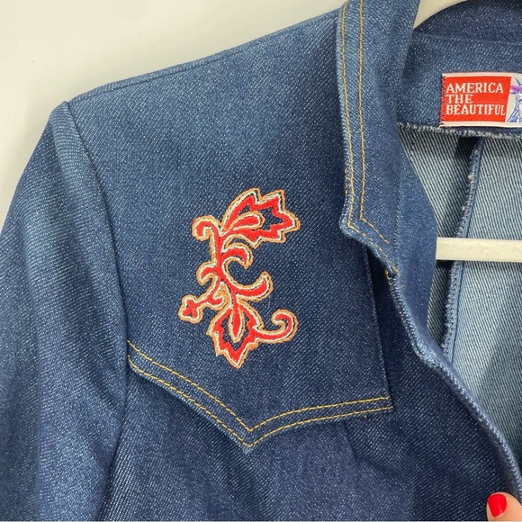 ‘America The Beautiful’ Vintage Two Button-Down Denim Blazer with Embroidery S/M - Picture 3 of 8